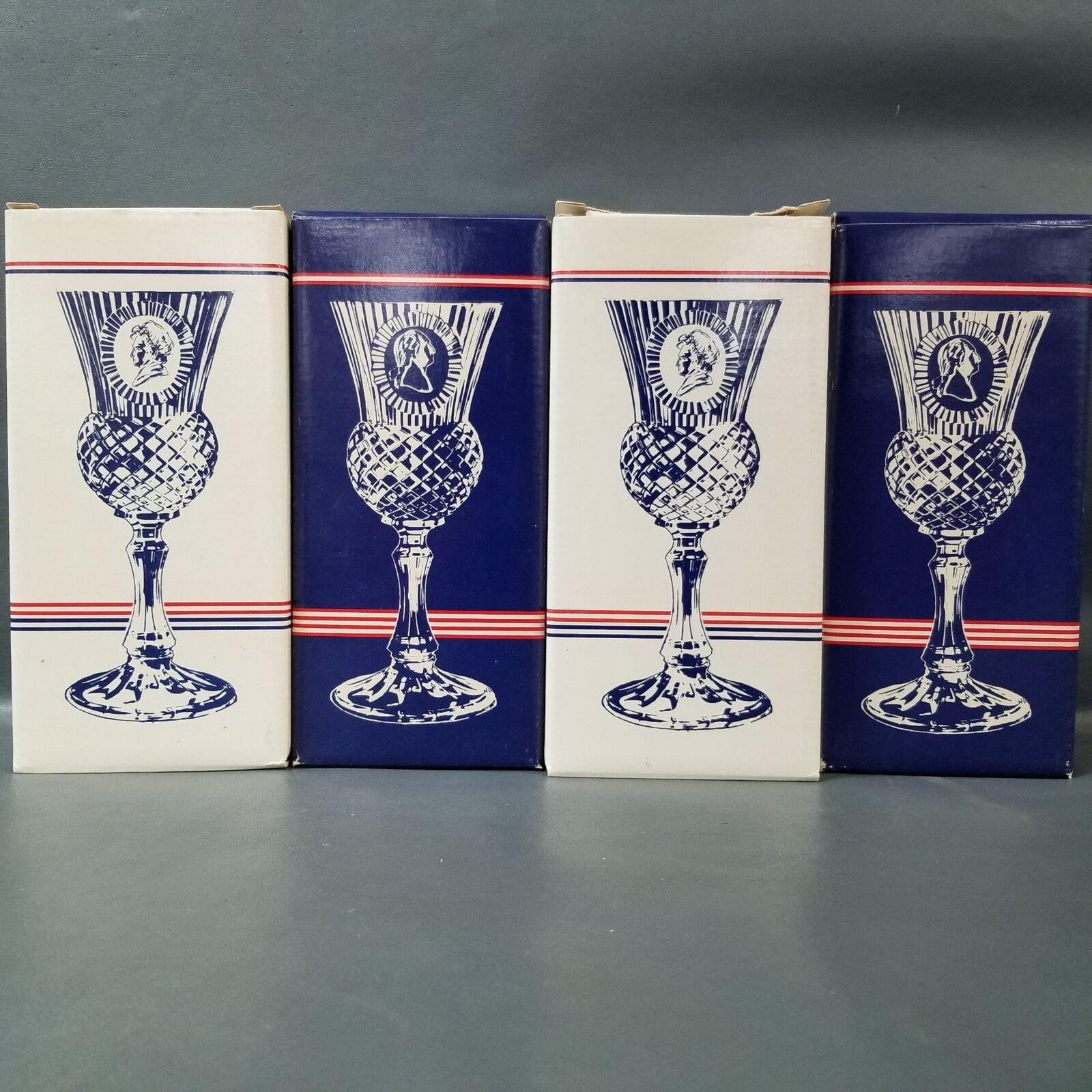 Vintage AVON Fostoria Cobalt Blue Glass Goblet George & Martha Washington Set 4