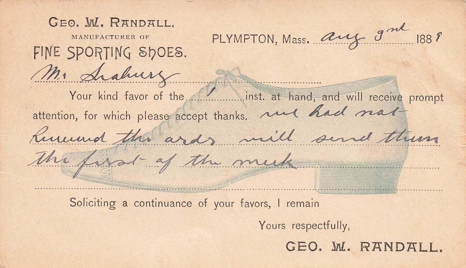 Plympton MA Randall Shoes Advertising 1889 Pioneer Postcard LP88