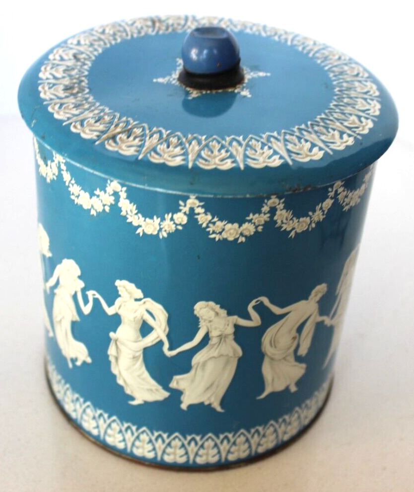1950's Wedgewood Style Tin Cannister England Dancing Goddesses
