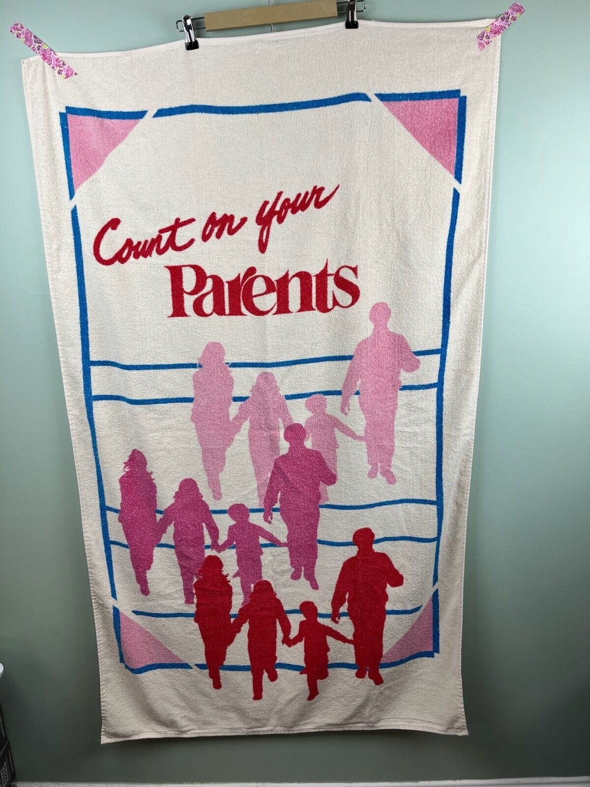 Vintage Graphic Beach Towel \'Count on your Parents\' Terry Cloth Retro Pink Cool