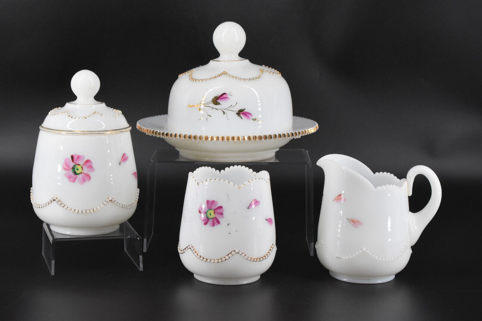 6-Piece VTG HEISEY Beaded Swag Opalescent Milk Glass Hand Painted Enamel Floral