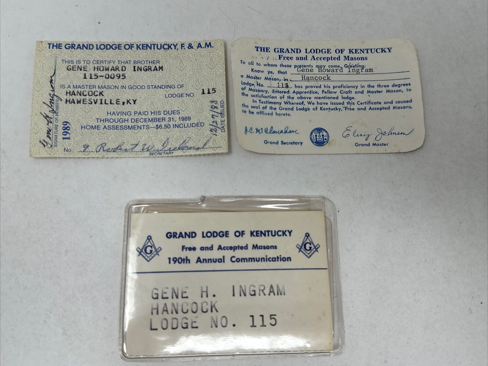 1980's Masonic Grand Lodge of Kentucky Member Card ID Badge Vintage
