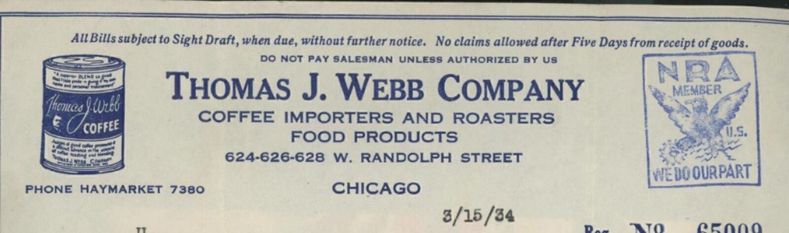 1934 CHICAGO IL THOMAS J WEBB COMPANY COFFEE IMPORTERS ROASTERS INVOICE 27-76