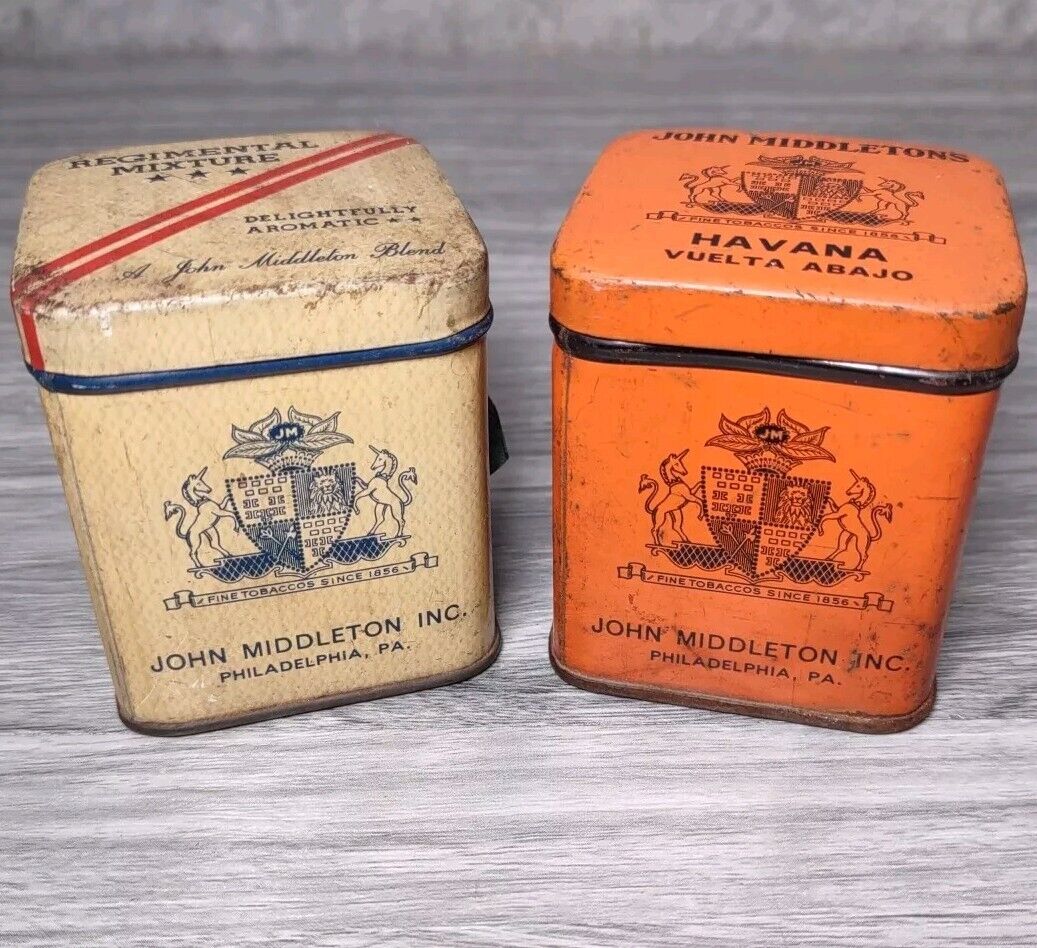 Vintage 2 John Middleton Tobacco Tins: Havana Vuelta Abajo, Regimental ~ Empty