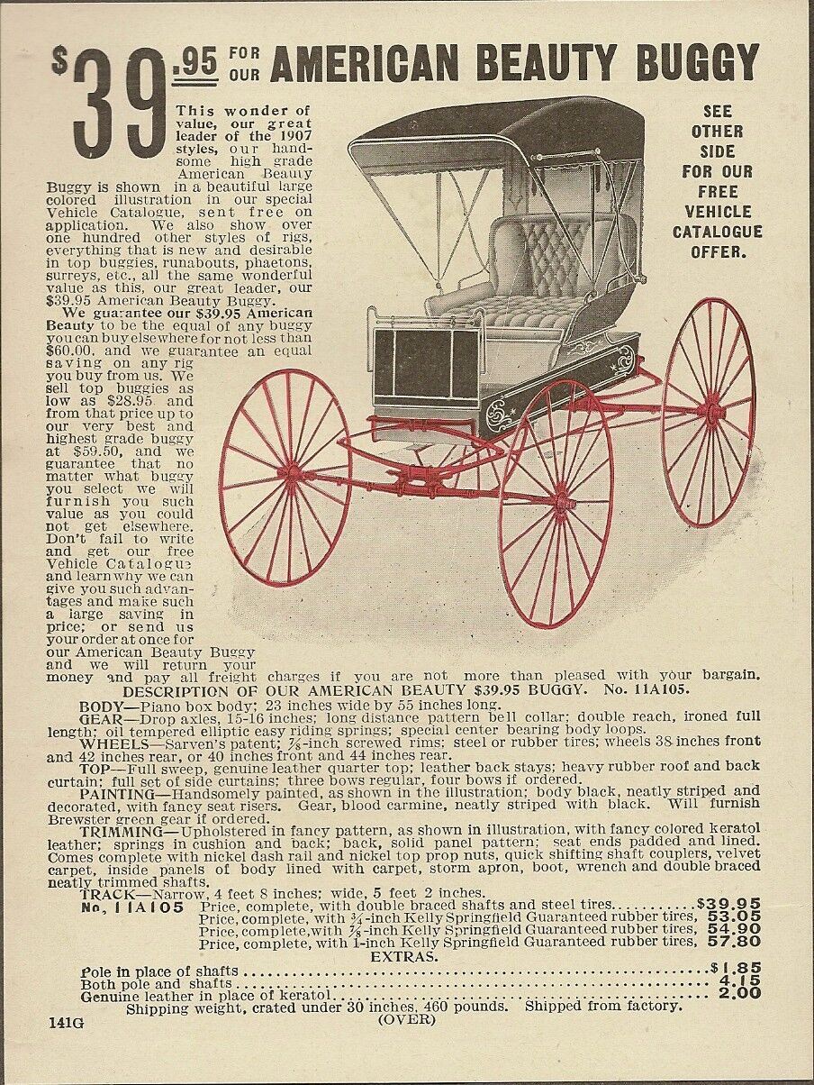 Original 1907 Sears Roebuck AMERICAN BEAUTY BUGGY Carriage Advertising Flyer