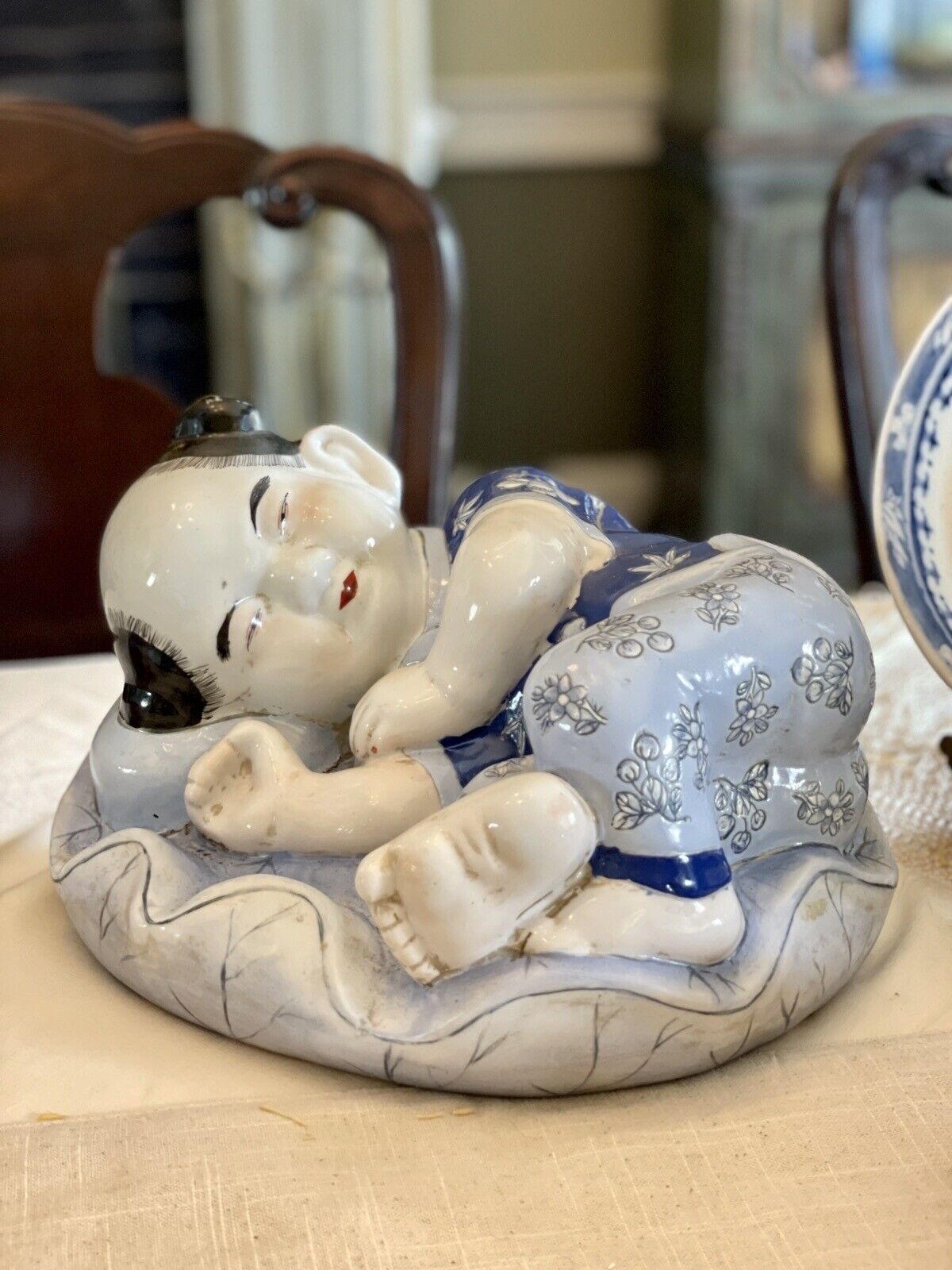 Vintage Chinoiserie Child Statue Blue & White By H.F.P Macau