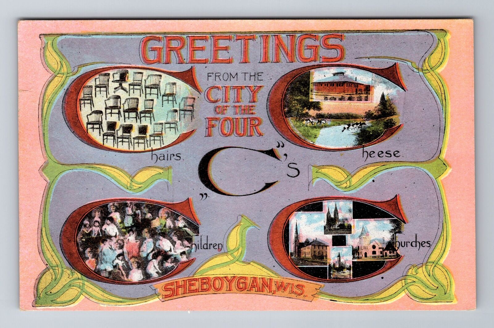 Sheboygan WI-Wisconsin, General Greetings Of Four C's, Antique Vintage Postcard