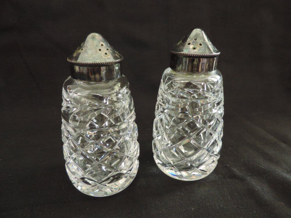 Vintage Waterford Glendor Crystal EPNS Lid Salt Pepper Shakers 3 5/8\