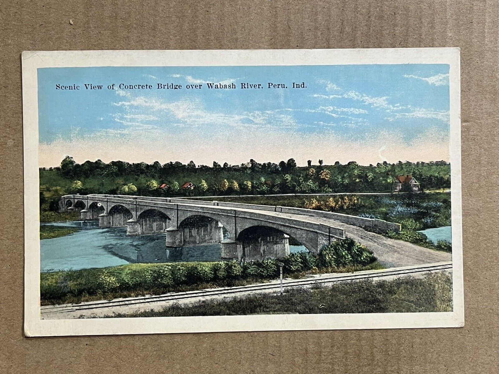 Postcard Peru IN Indiana Wabash River Concrete Bridge Train Tracks Vintage PC