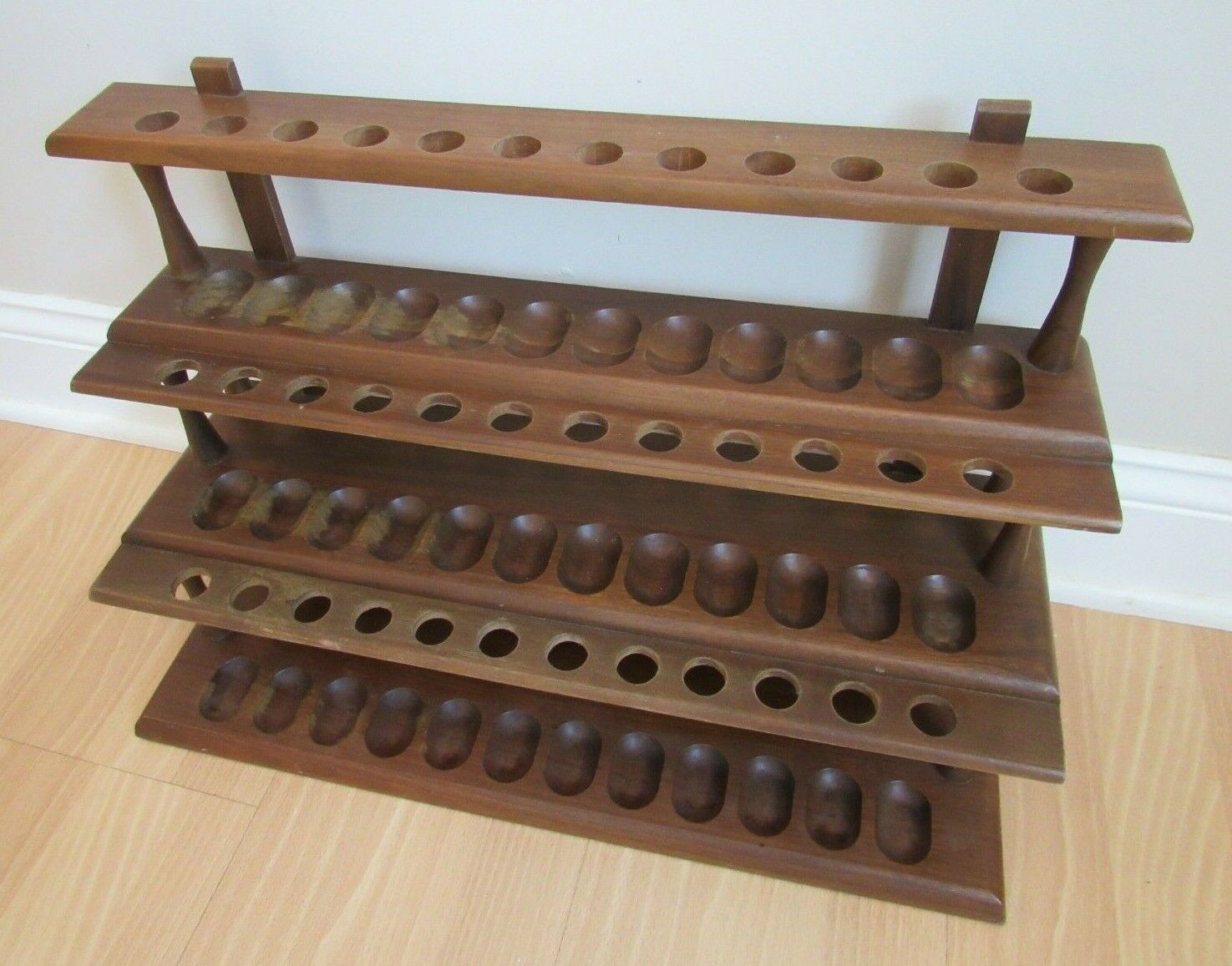 vintage LARGE tobacco pipe rack stand WALNUT wall 3 tier wood felt 36 PIPES