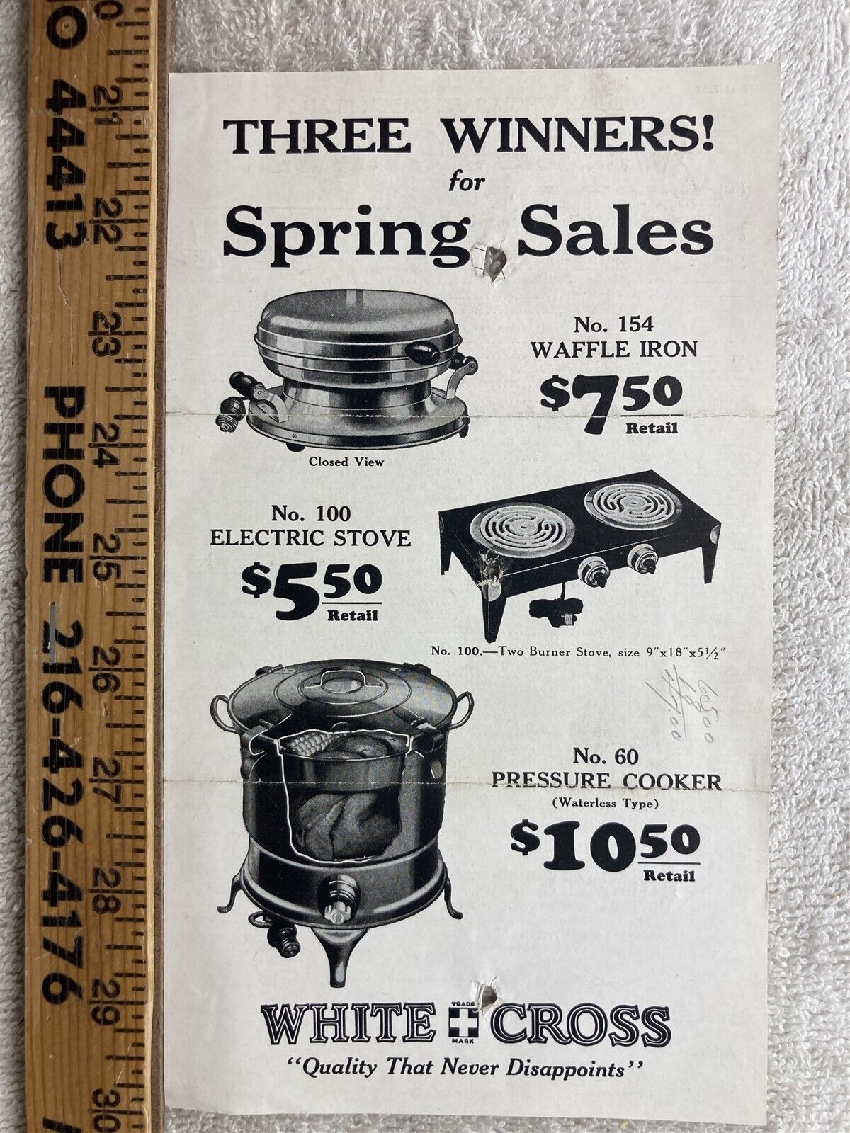 1930s 1940s White Cross Pressure Cooker Waffle Iron Electric Stove Flier Vtg