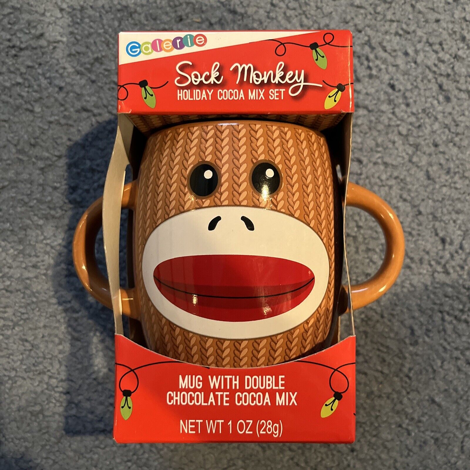 Galerie Double Handle Sock Monkey Ceramic Mug Cup New In Box-Mug Only