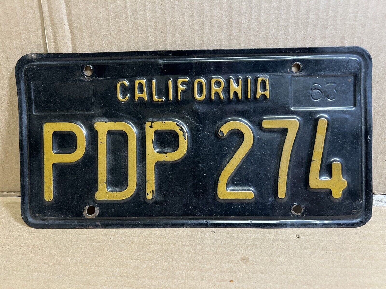 1963 Yellow & Black California License Plate PDP 274 EXPIRED