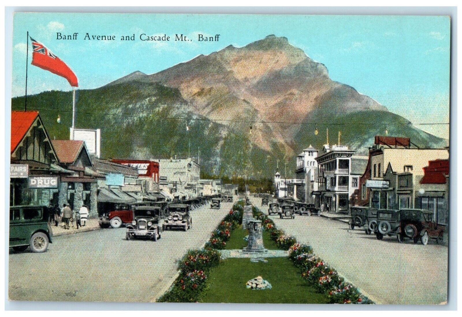 c1910's Banff Avenue And Cascade Mt. Banff Cars Drug Store Canada Postcard