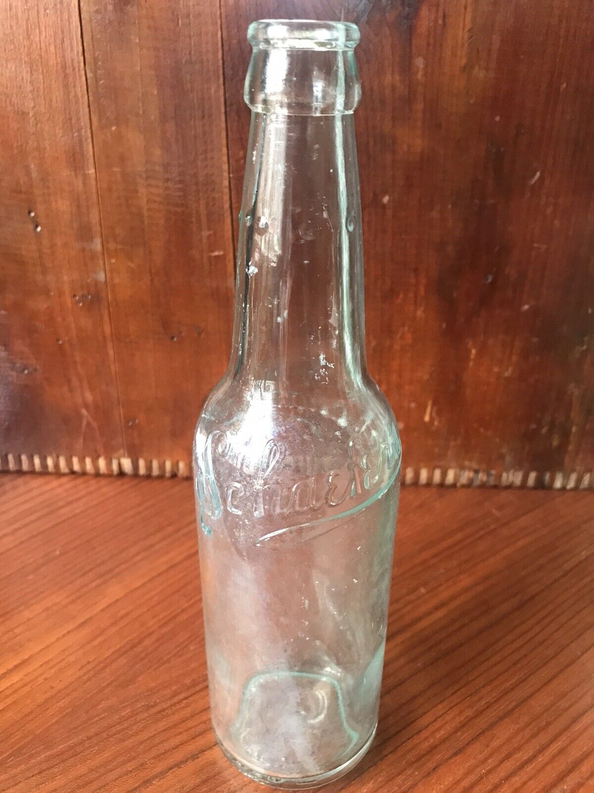 Vintage Schaefer’s Clear Beer Bottle ~ Embossed Lettered Sides ~ Blue Green Tint