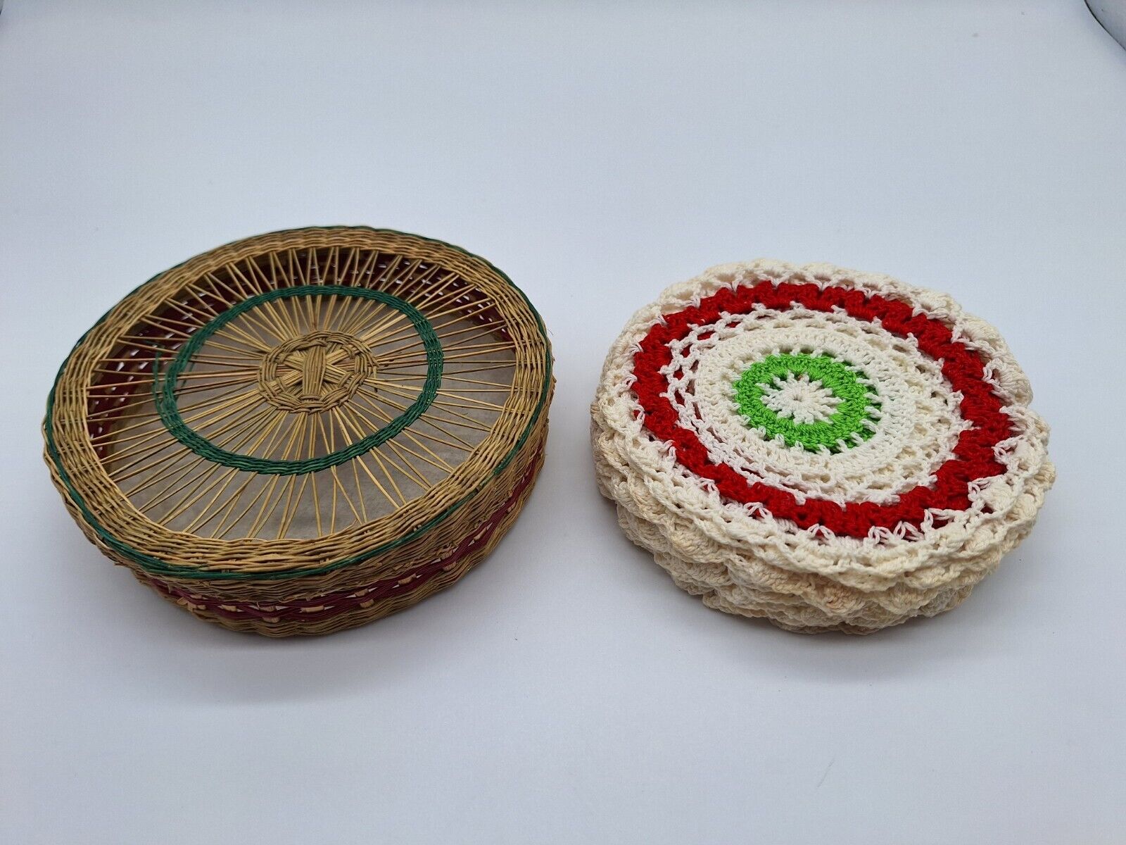 12 Hand Crocheted Coasters 12 Vintage Hand In Wicker Basket Lid Red Green White