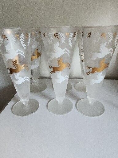 LIBBEY - GOLD WHITE - MCM FROSTED PILSNER Calvacade  GLASSES SET 6 EX Cond.