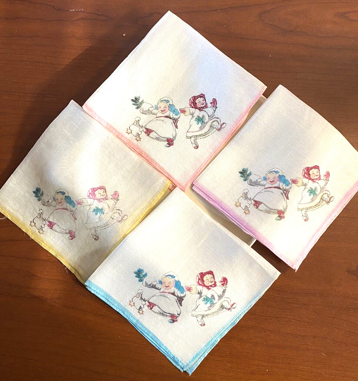 Set of Four UNUSED Antique Silk Childrens Handkerchief Christmas Goose Holidays