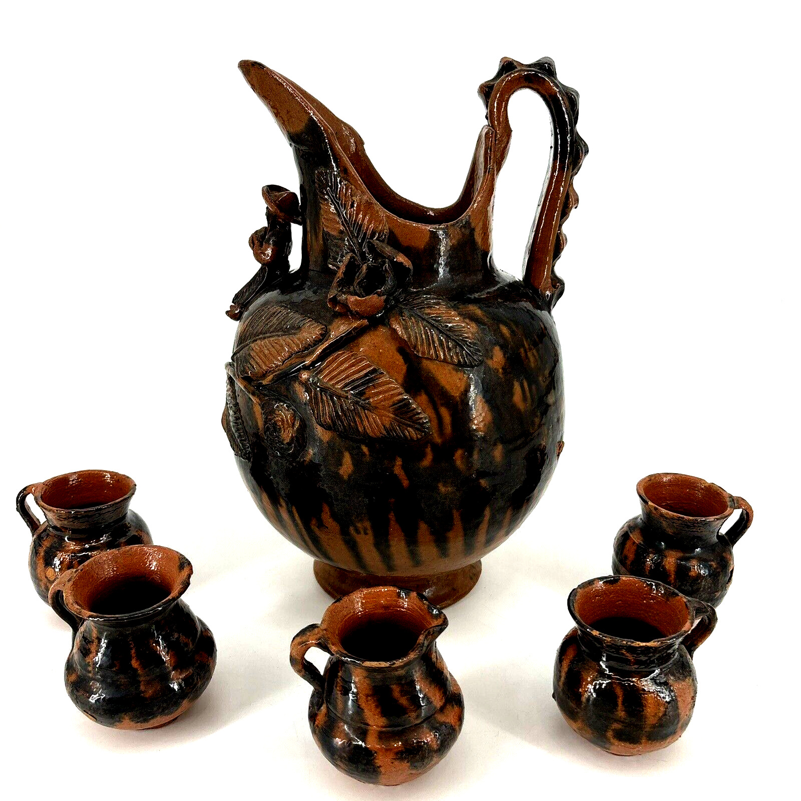Antique Mexican Folk Art Pulgue Pottery Pueblo Figural Pitcher & Cups Handpaint