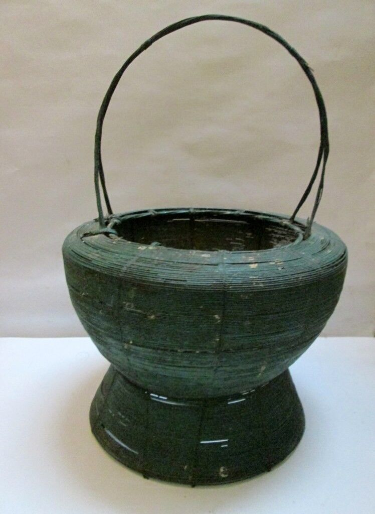 Vintage Green Coloured Iron Wire Basket Antique Old Bucket Shabby