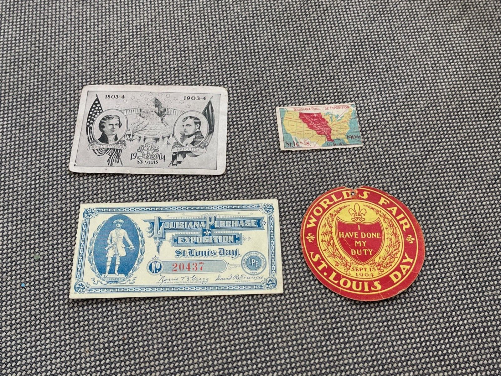 Antique 1904 St. Louis World's Fair Lot 4 Pieces Ephemera Ticket Tag Card Stamp