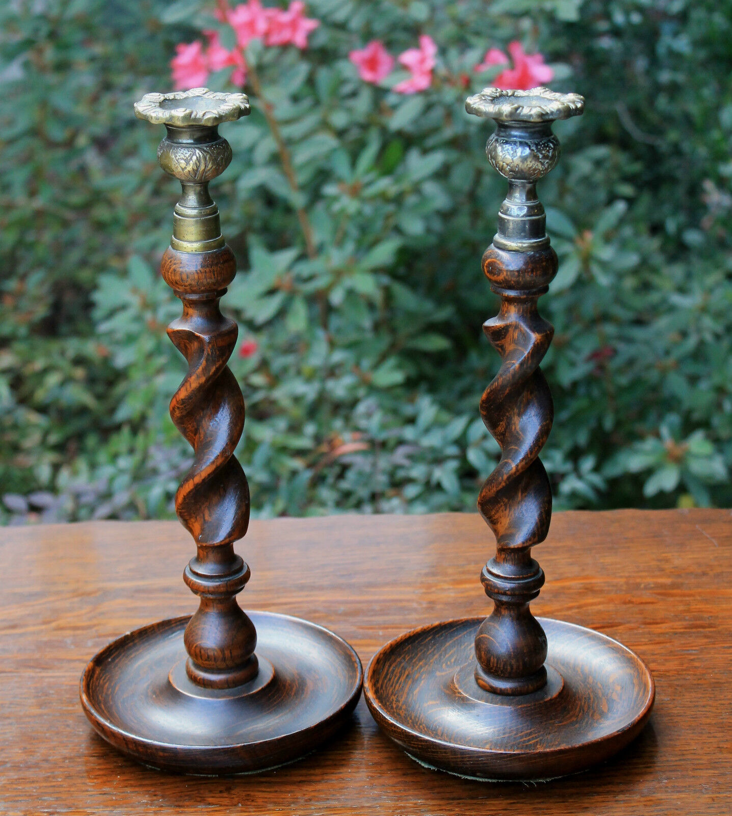 Antique English Oak Barley Twist Candlesticks Candle Holders Pair (2) TALL 