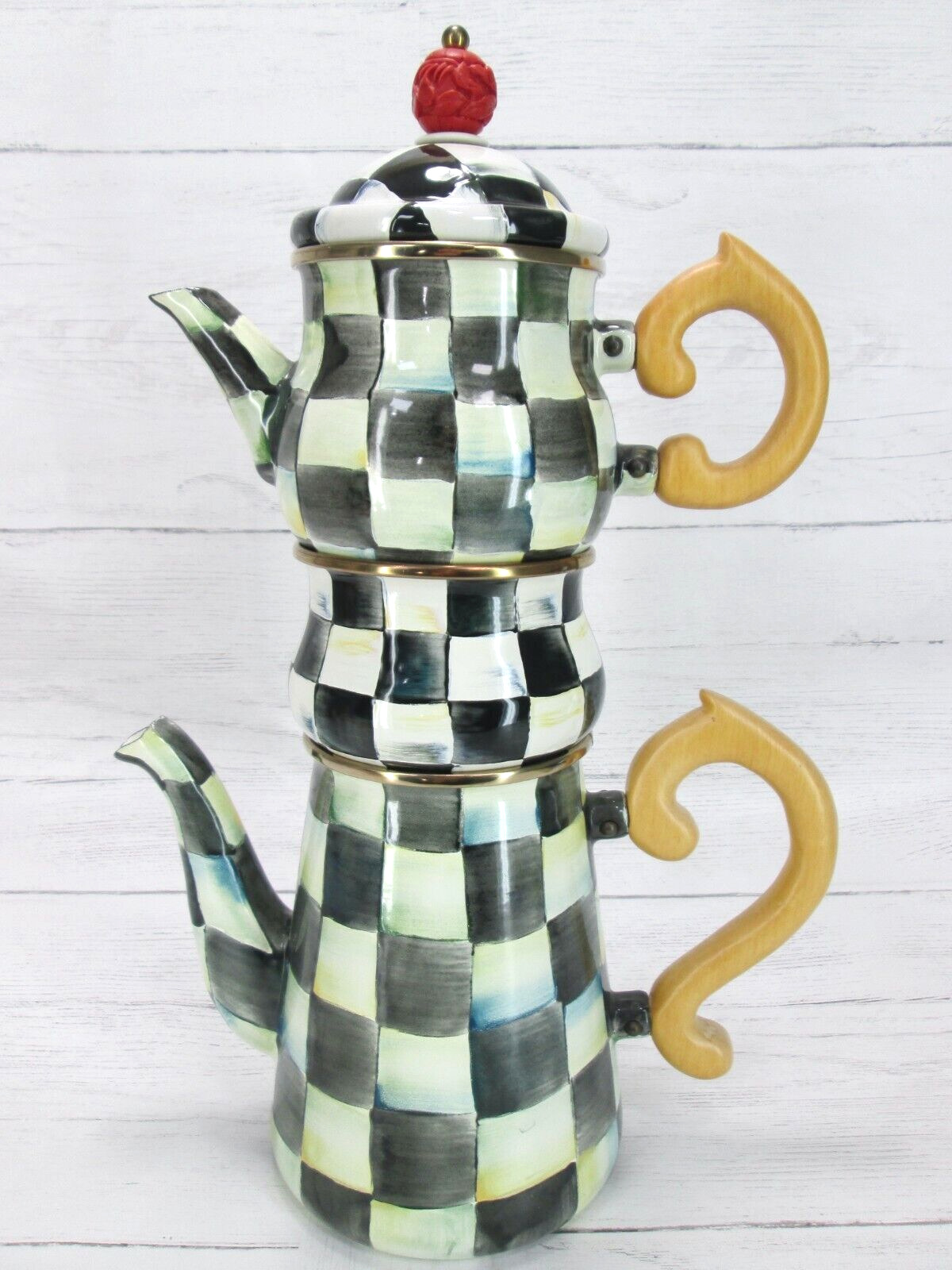 Mackenzie Childs Courtly Check Stacked Teapot Creamer Sugar Enamel Vintage 90s