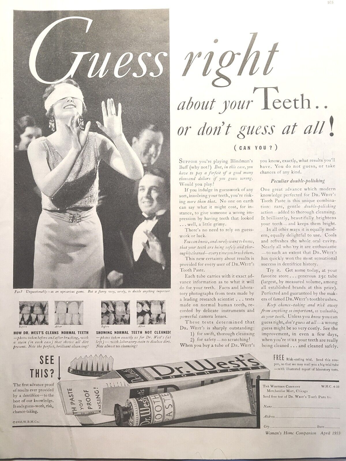 Dr. West's Tooth Paste Don't Guess Blindfolded Lady Party Vintage Print Ad 1933