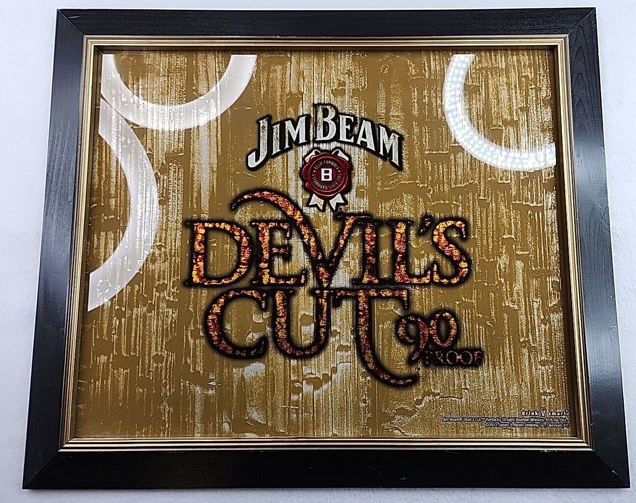 Vintage 2012 Jim Beam Devils Cut 90 Proof Framed Mirror 26 x 22 O.D.