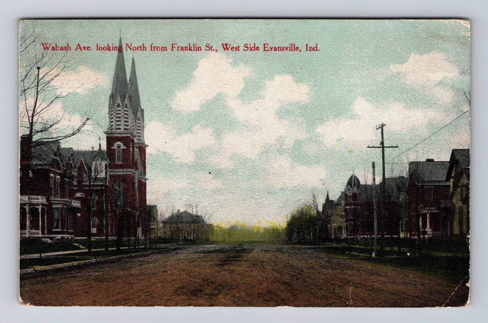 Evansville IN-Indiana, Wabash Avenue Looking North, Church Bldg Vintage Postcard