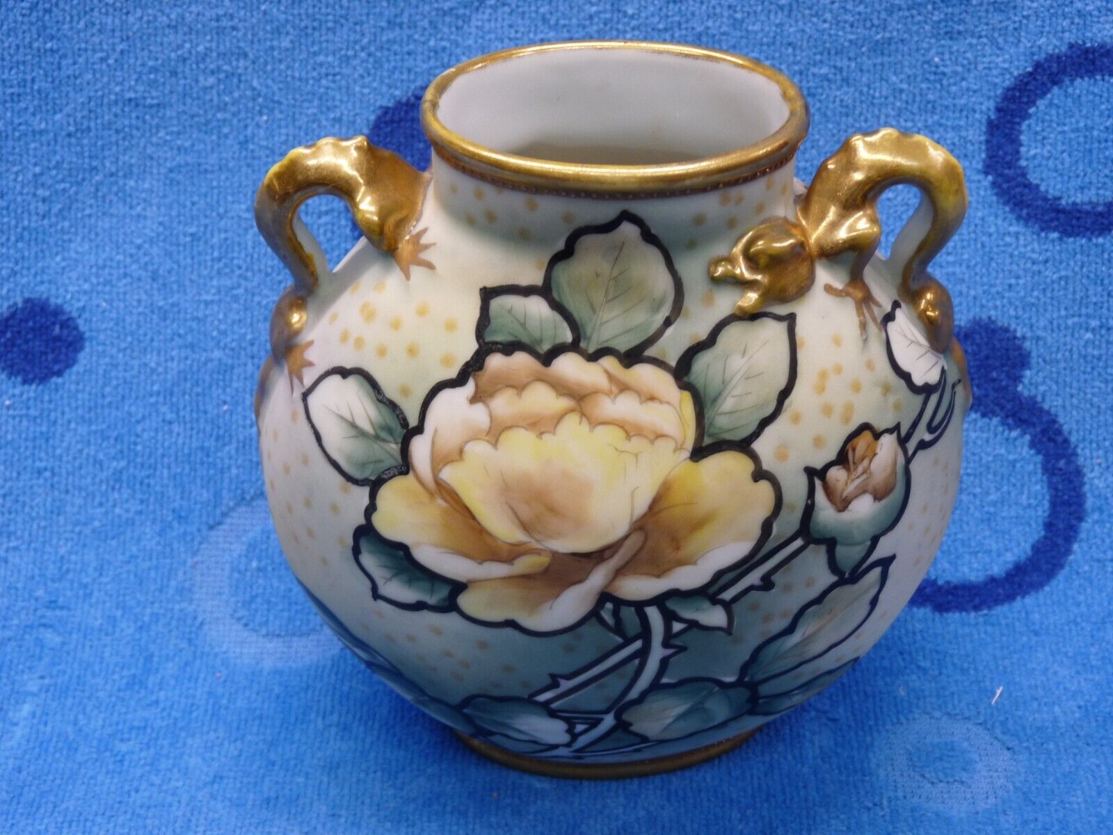 Nippon Dragon Handles Vase Hand Painted Green w/White Rose Flowers Gilt Pre-1921