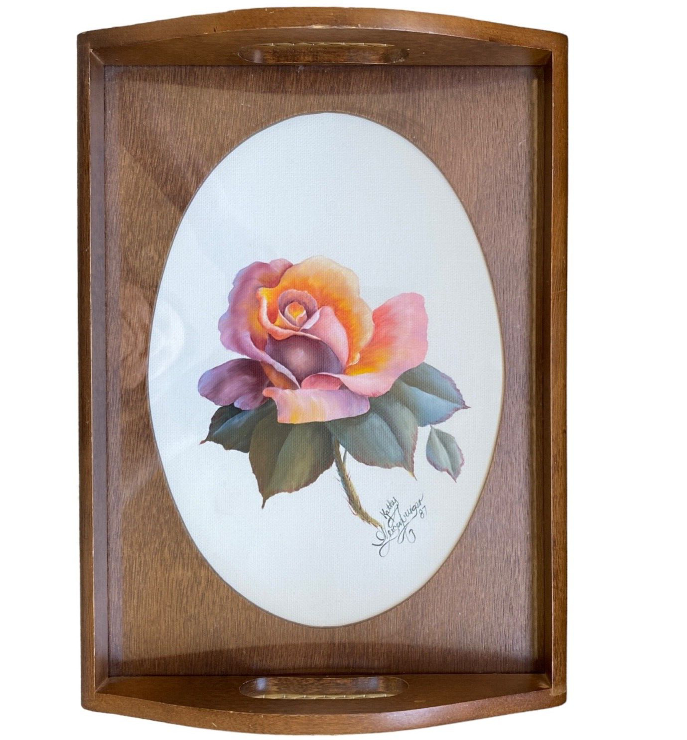 Vintage 1987 Artist Signed Wood Tray Glass Top Watercolor Art Floral Rose 9\