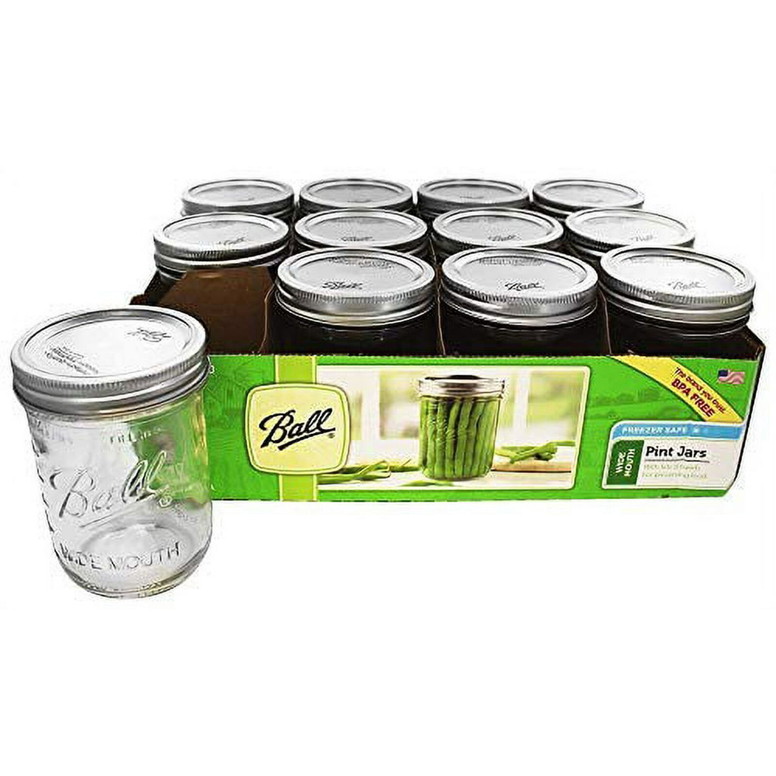 Ball, Glass Mason Jars with Lids & Bands, Wide Mouth, Clear, 16 oz, 12 Count,New
