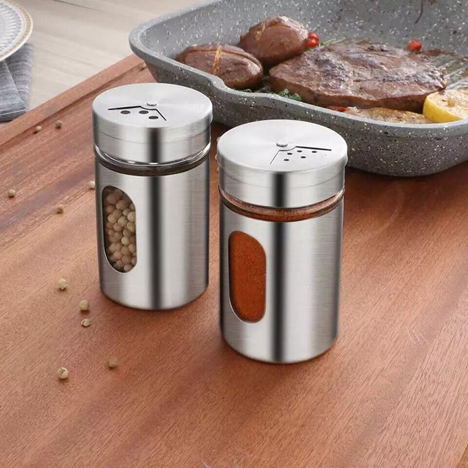 Set of 2 Kitchen Stainless Steel Salt and Pepper Shakers Adjustable Pour Holes 