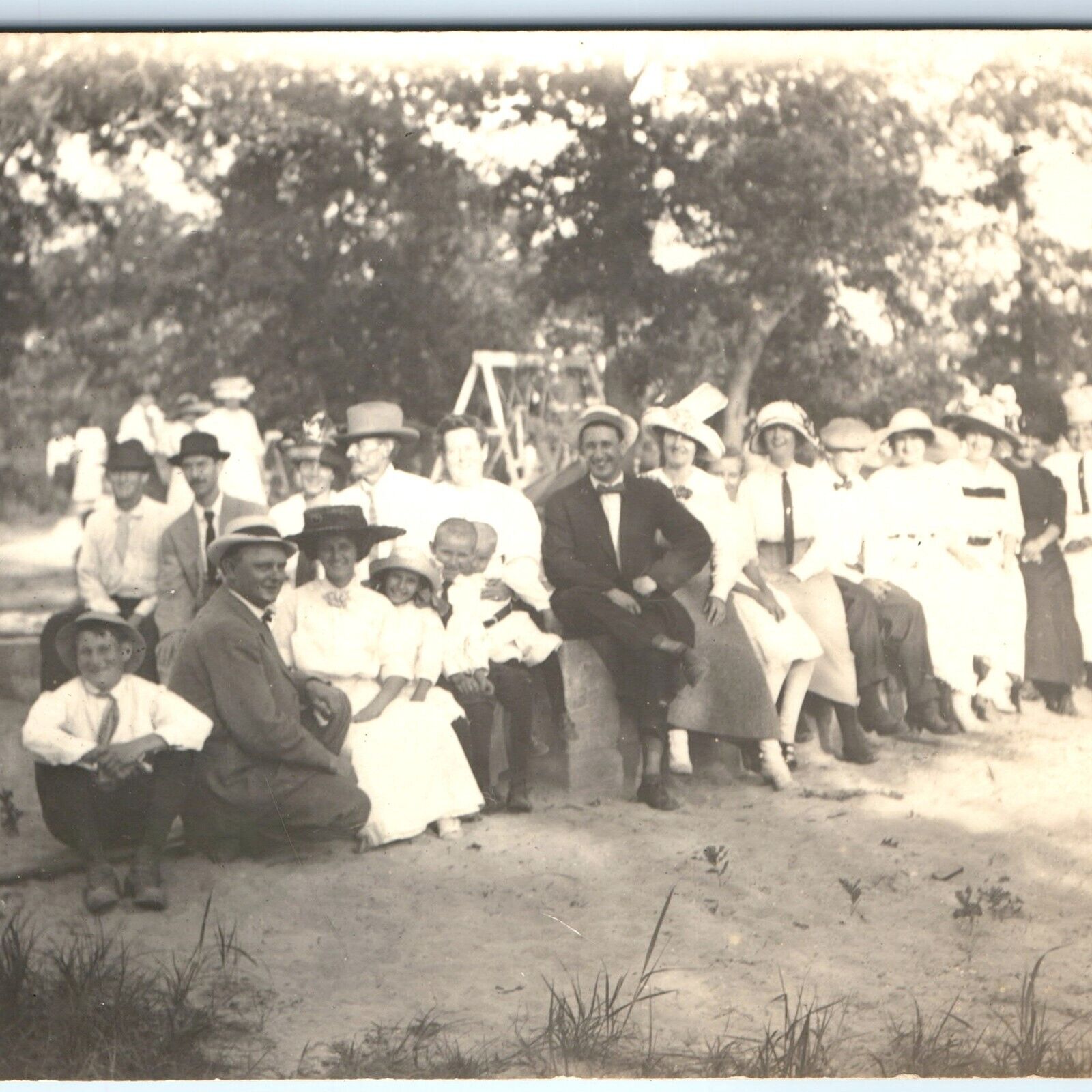 c1910s Outdoor Park Group Smiles People RPPC Family Child Swing Real Photo A161