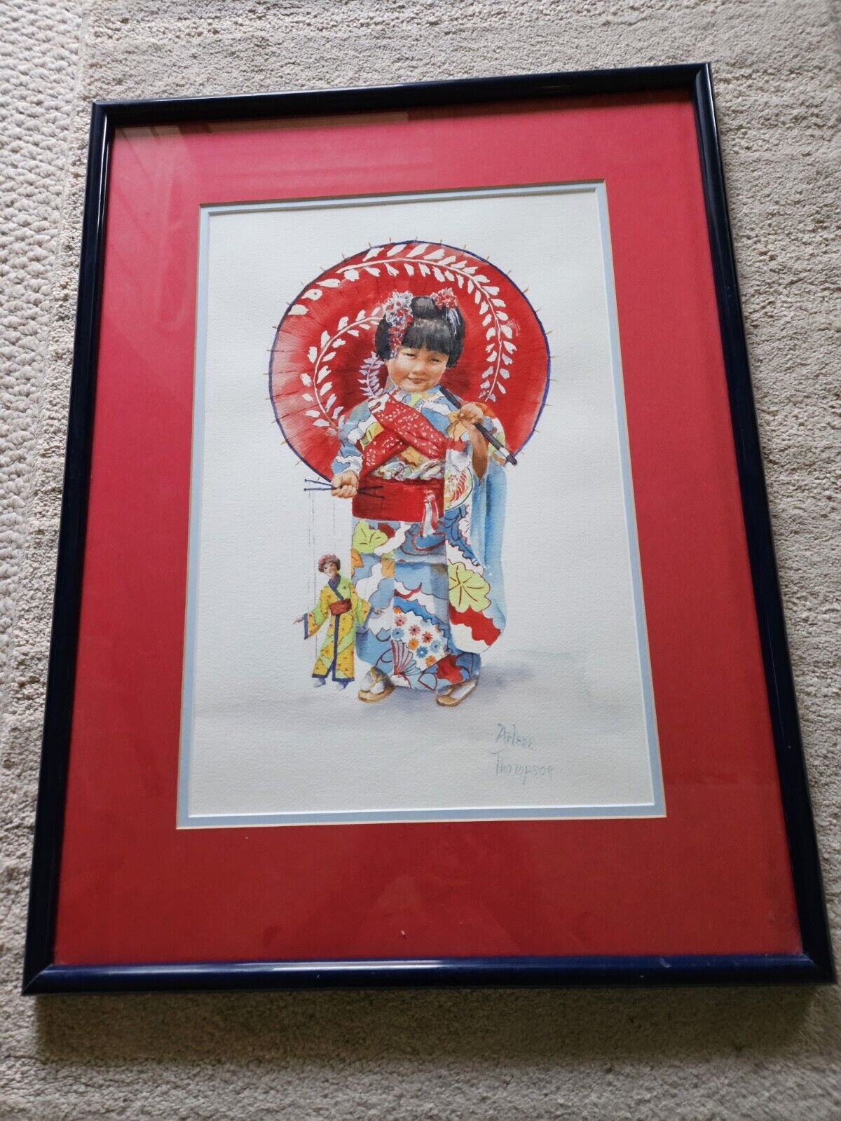 Original Watercolor Oriental Girl Red Kimono Umbrella Doll Black Hair Arlene...
