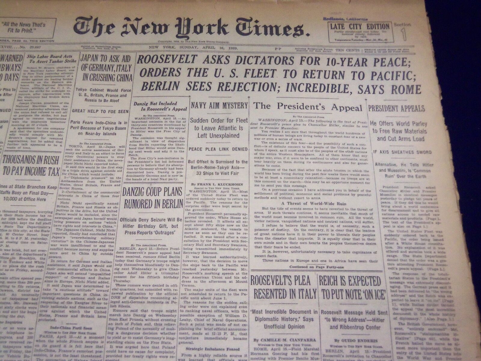 1939 APRIL 16 NEW YORK TIMES - ROOSEVELT ASKS DICTATORS FOR PEACE - NT 3079