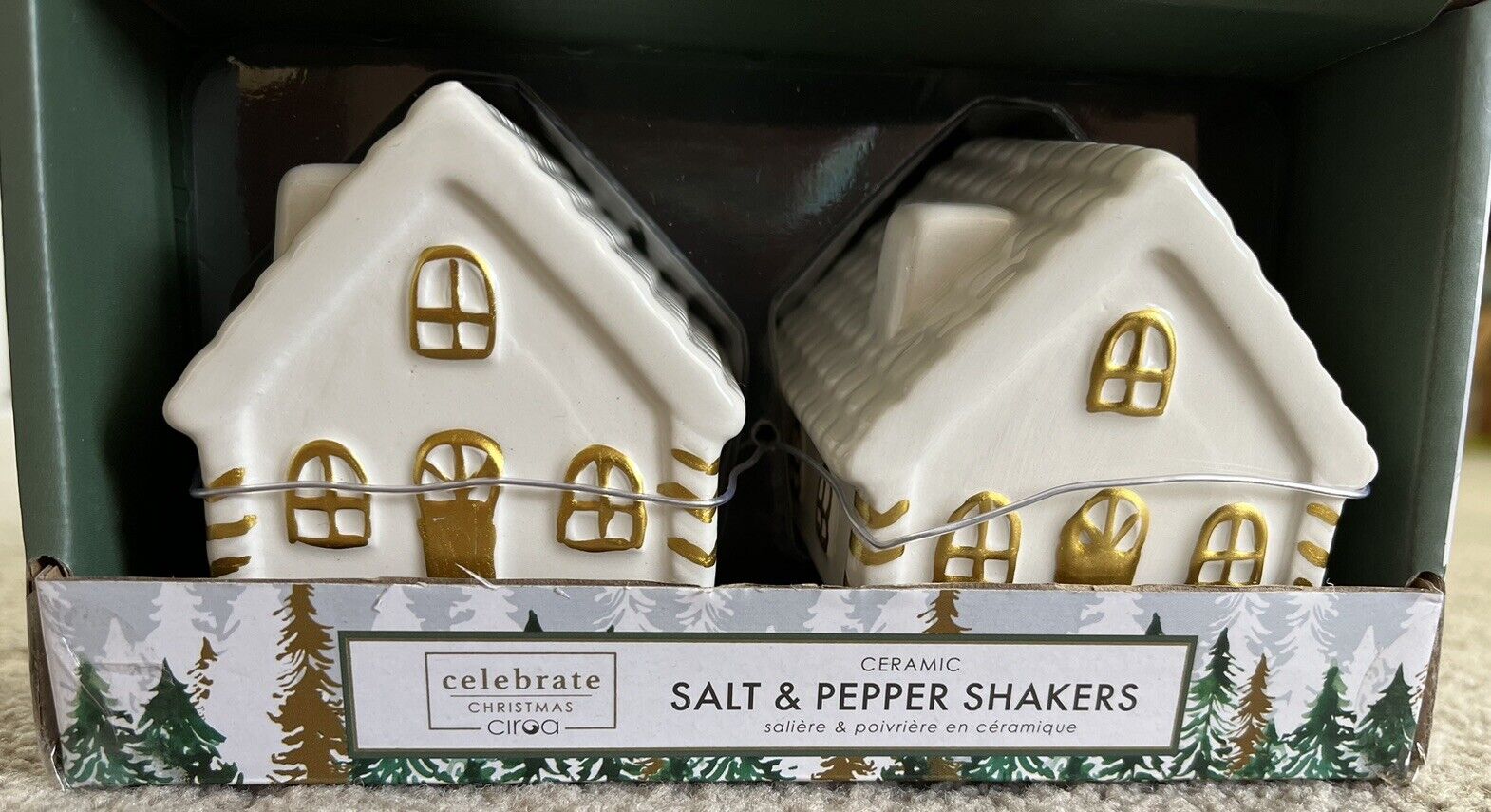 Celebrate Christmas Ciroa Ceramic Salt & Pepper Shakers Ivory Gold House