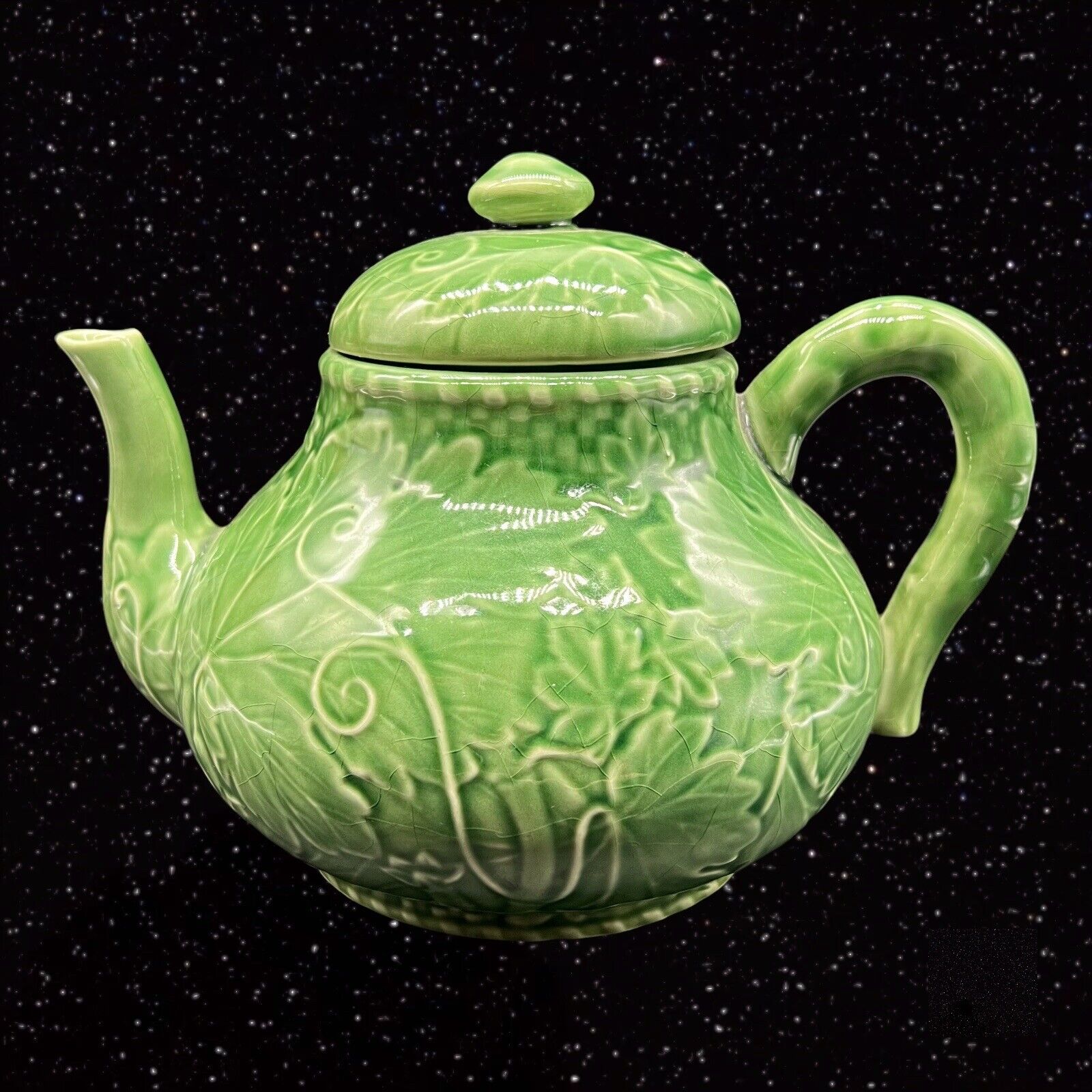 Vintage Pier 1 Imports Handpainted Green Cabbage Teapot Portugal 6”W 9”T