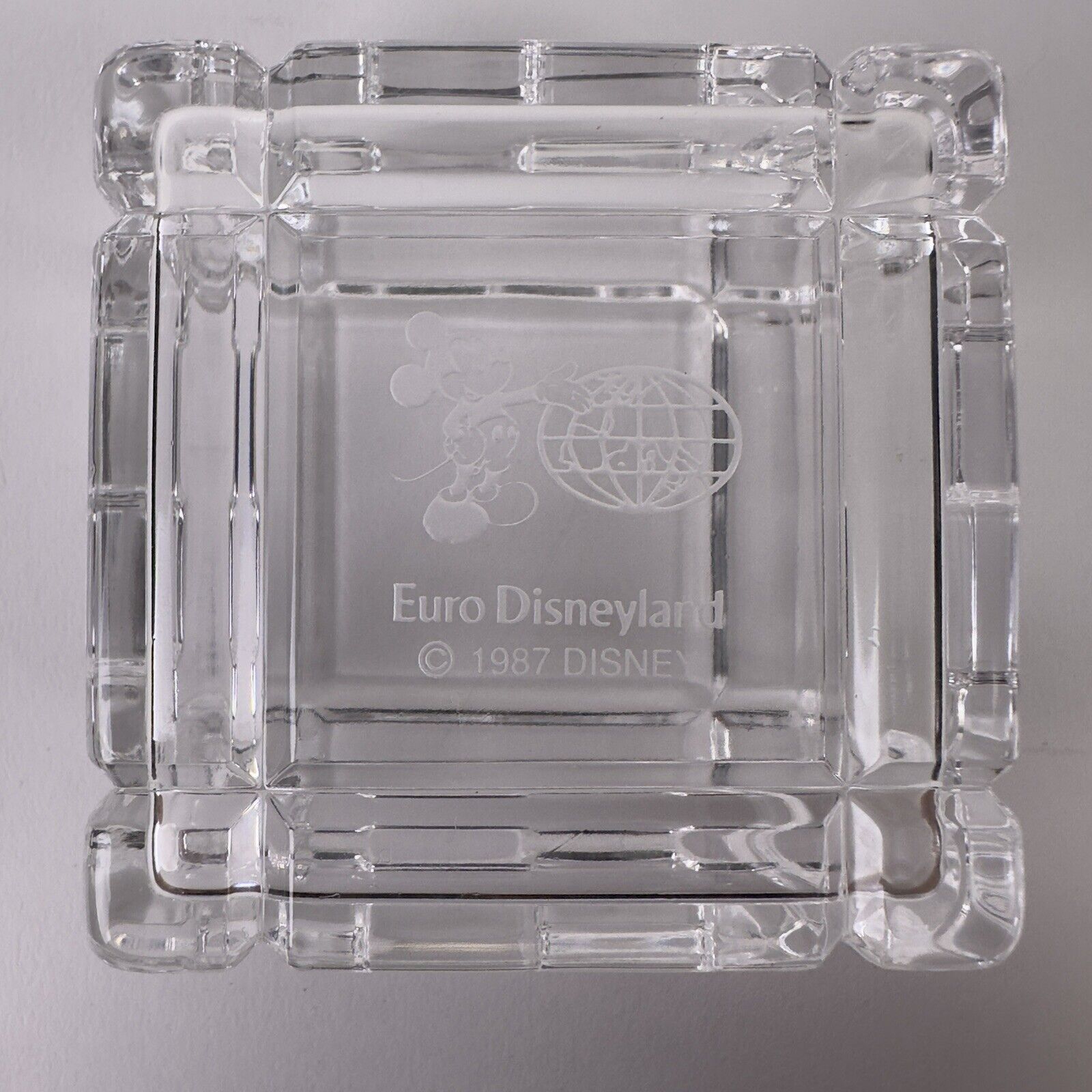 Euro Disneyland Mickey Mouse Engraved Glass Crystal Vintage 1987 Trinket Box