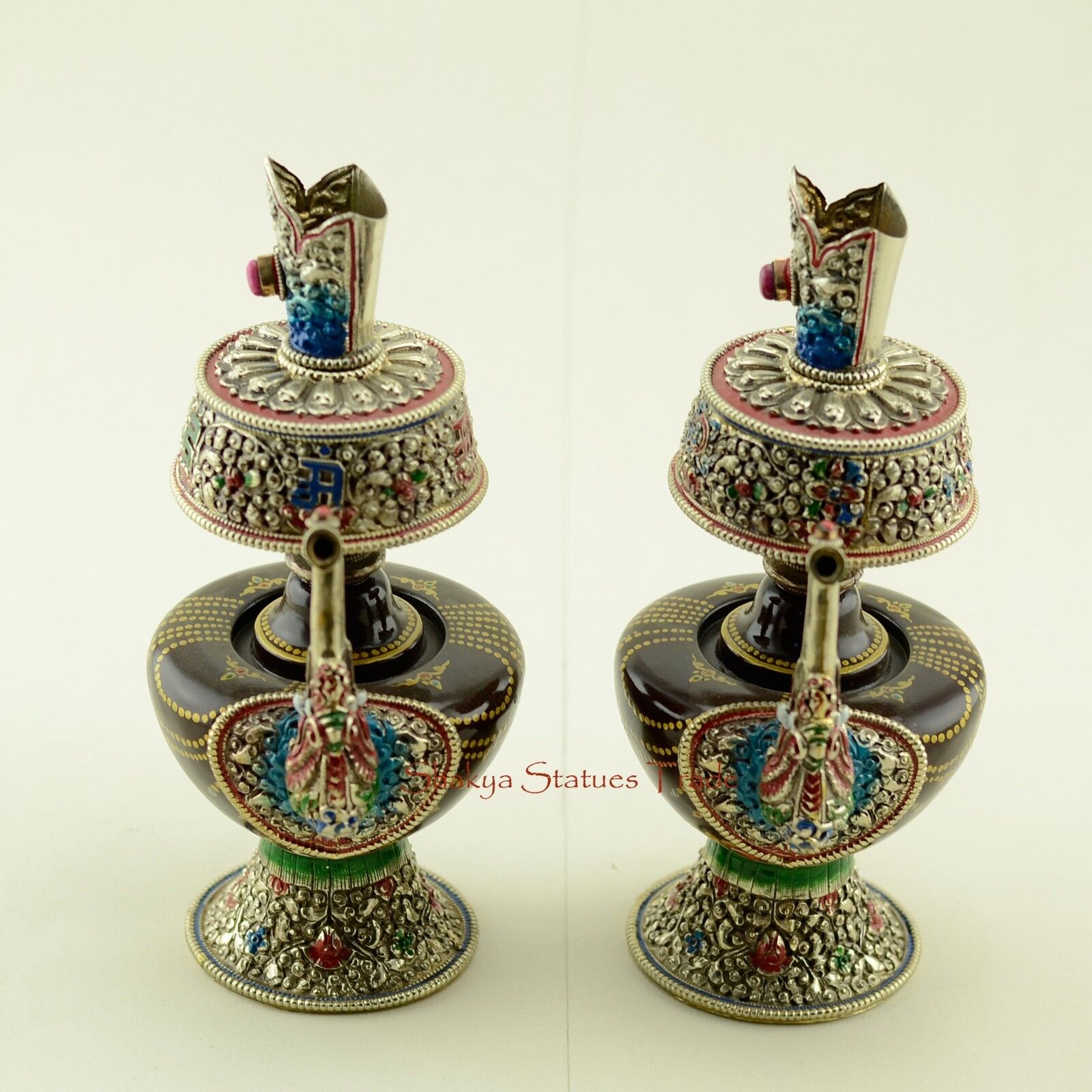 Tibetan Buddhism Colored Copper Alloy Sacred Vase Bhumpa Set from Patan, Nepal