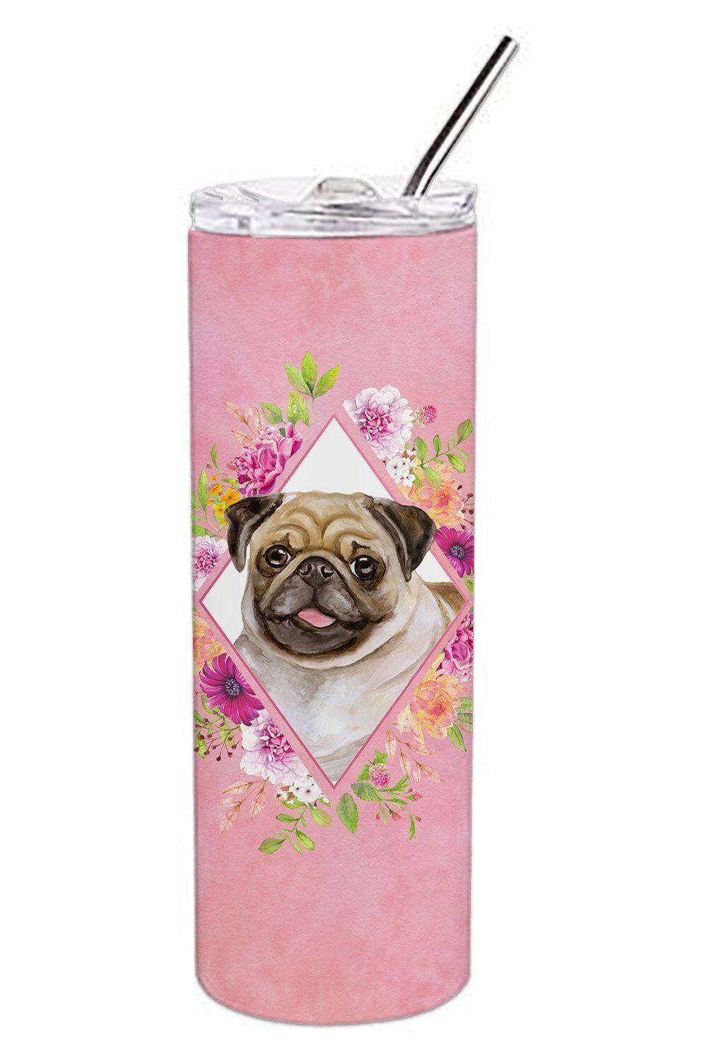 Fawn Pug Pink Flowers Stainless Steel 20 oz Skinny Tumbler CK4174TBL20   New
