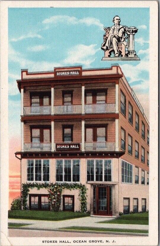1930s Ocean Grove, New Jersey Postcard STOKES HALL HOTEL Building / Street View