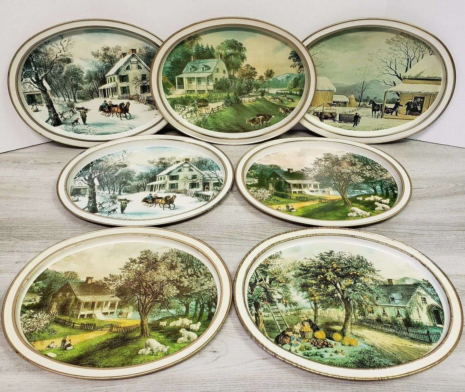 The American Homestead Metal Trays/Platter - Currier & Ives - 1868 Seasons - Lot
