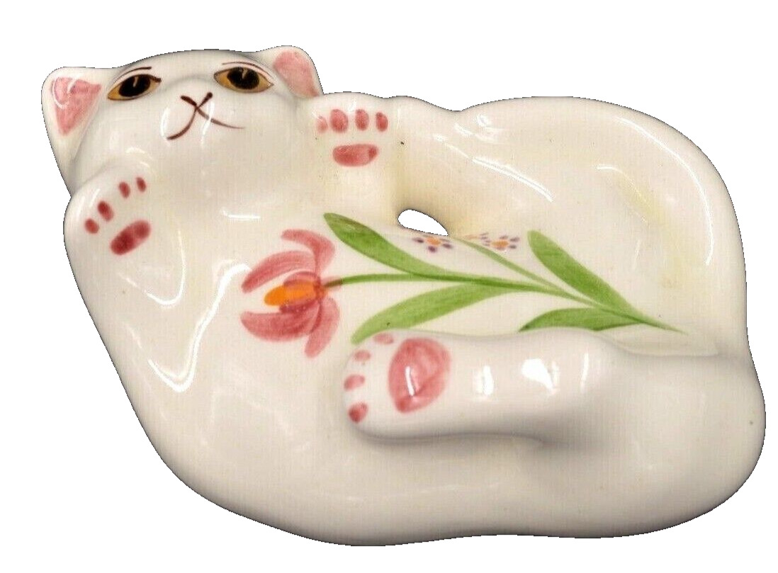 Vintage  Cat Ceramic Trinket Dish Figurine Pink Flowers \'Gustin Co. Kitty 7\'