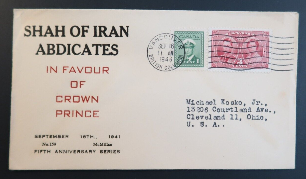 Shah of Iran Abdicates In Favour Crown Prince World War II WW2 Patriotic Cover