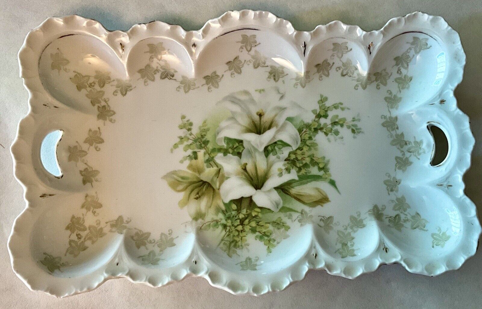 Antique RSPRUSSIA Hand Painted Porcelain Tray 6”W X 10”L Lilies+Vines+Gold Trim