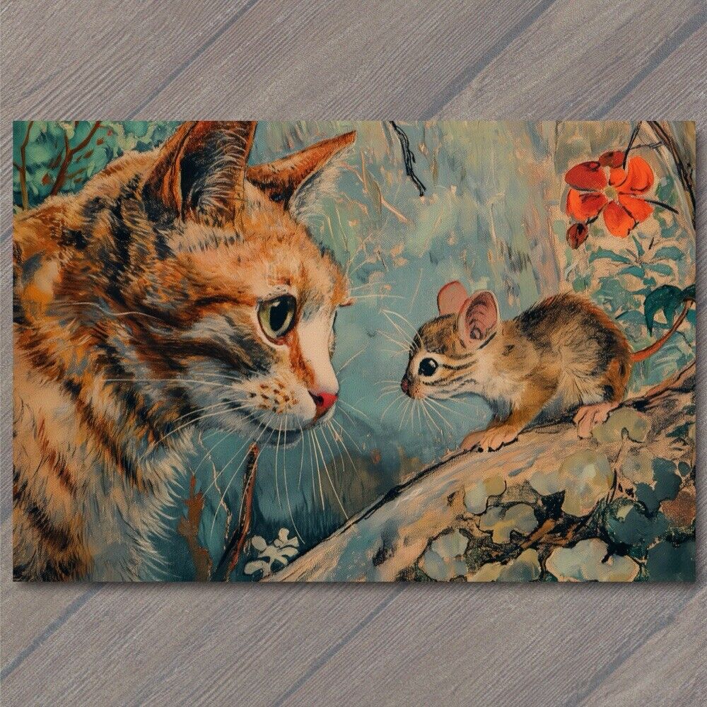 POSTCARD Cat And Mouse Unlikely Friends Illustration Retro Look Cute Funny