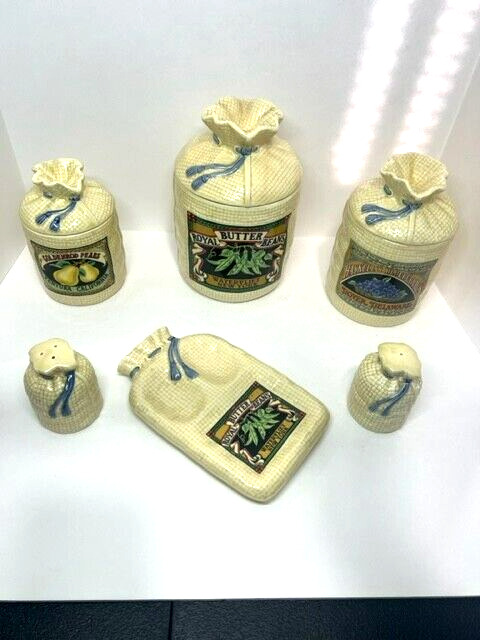Vintage Hearth and Home Burlap Sack Design Canisters, S&P Shakers, Spoon Rest