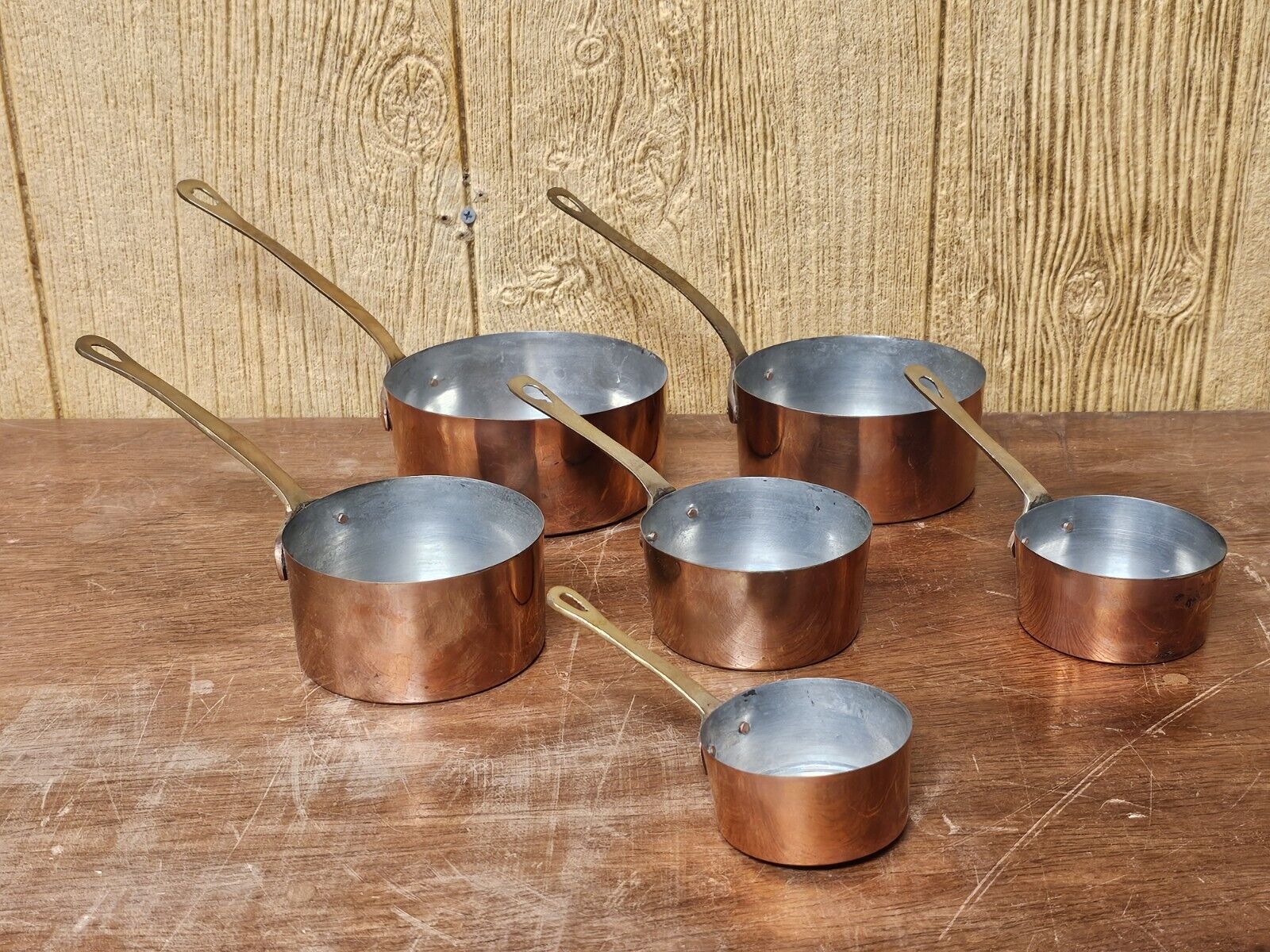Vtg 6 Piece Copper Measuring Cups Cooking Nesting Pots On Tin W Brass Handles